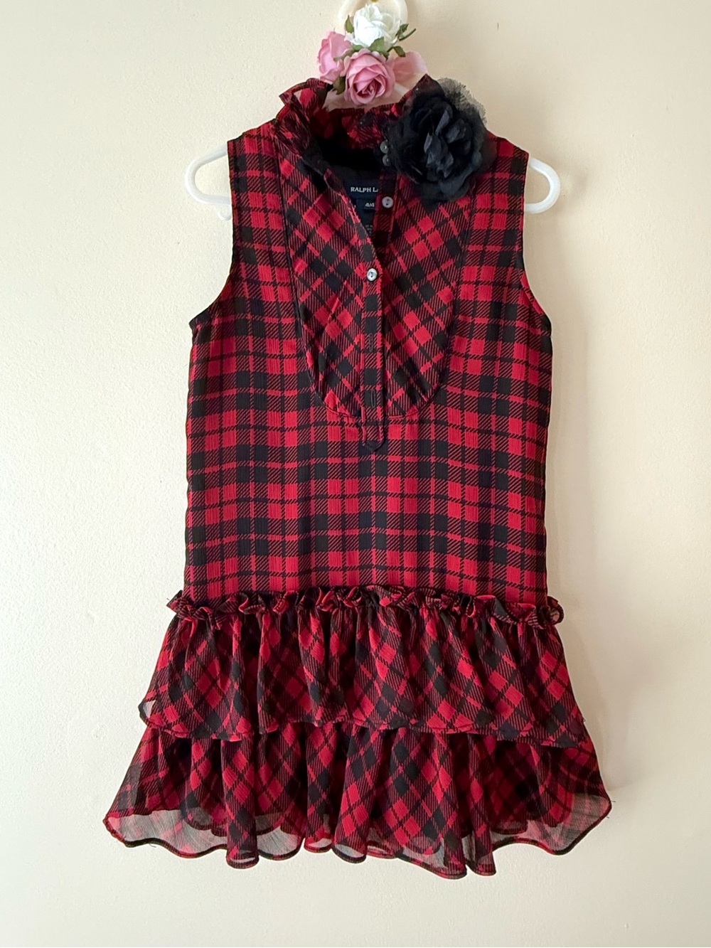 Ralph Lauren Toddler Girls Red & Black Plaid Sleeveless Dress, Size 4T